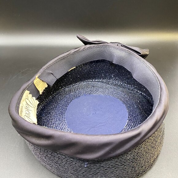 Vintage Darcel Pill Box Straw Hat Large Ribbon Trim Black Made in VTG USA - Picture 10 of 13